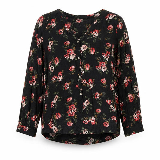 Hollister Womens Black Floral Viscose Tunic Blouse L Long Sleeve