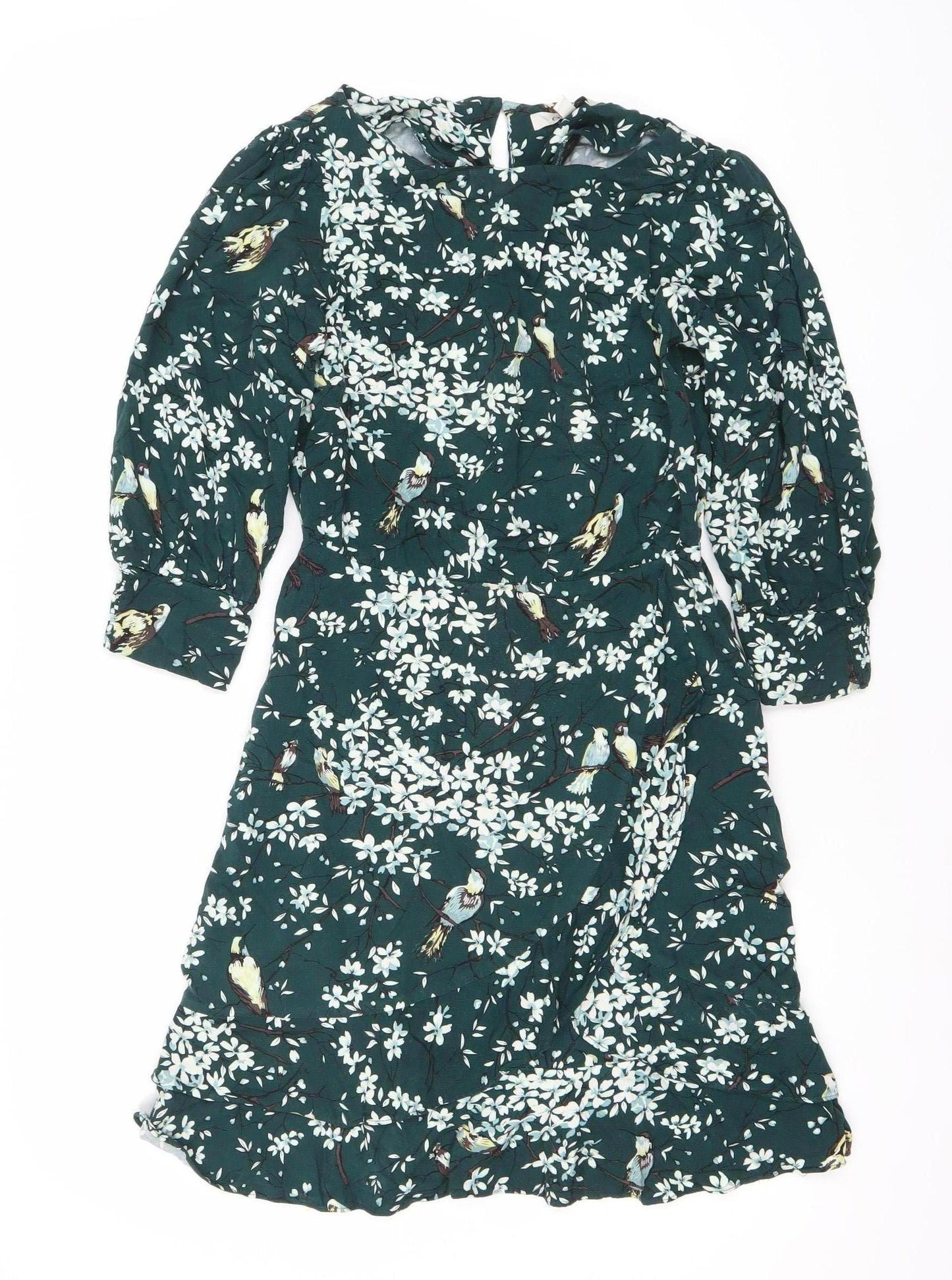 Oasis Women Green Floral Midi Dress Size 8 V-Neck Long Sleeve Fit & Flare