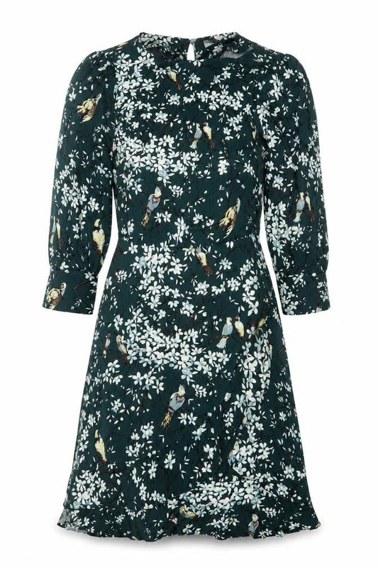 Oasis Women Green Floral Midi Dress Size 8 V-Neck Long Sleeve Fit & Flare
