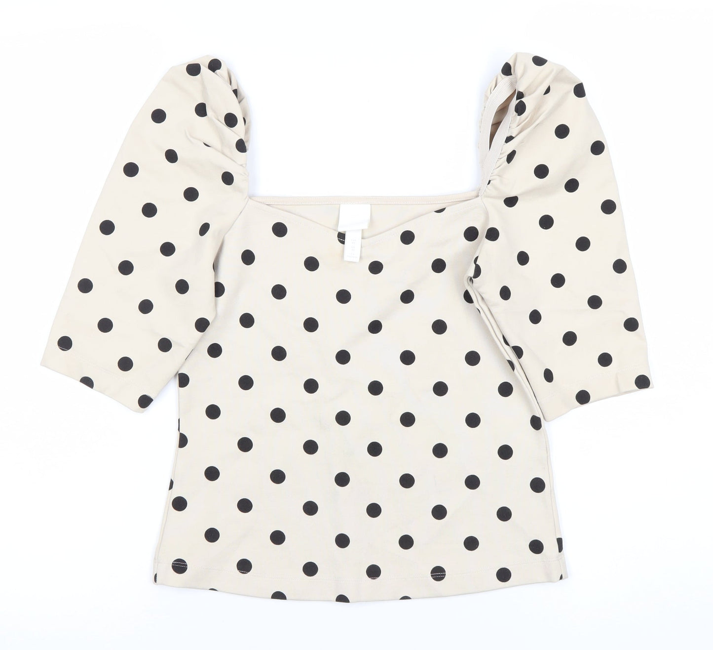 H&M Women’s Beige Polka Dot Blouse XS Puff Sleeve Square Neck