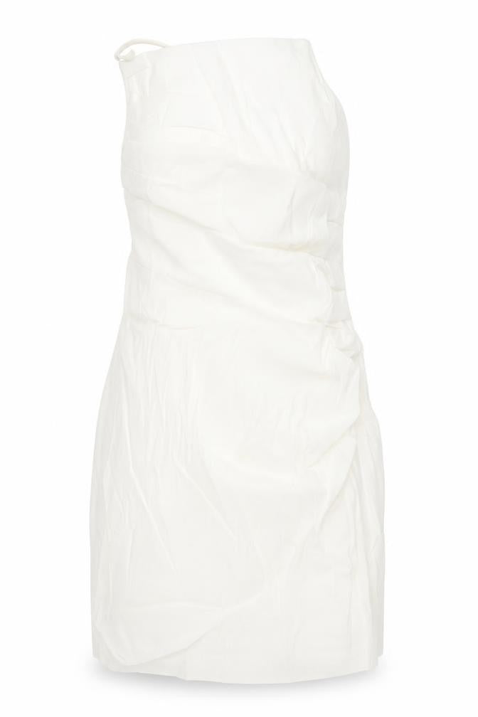 Zara Women Ivory Linen Blend Bodycon Mini Dress Size 12 V-Neck