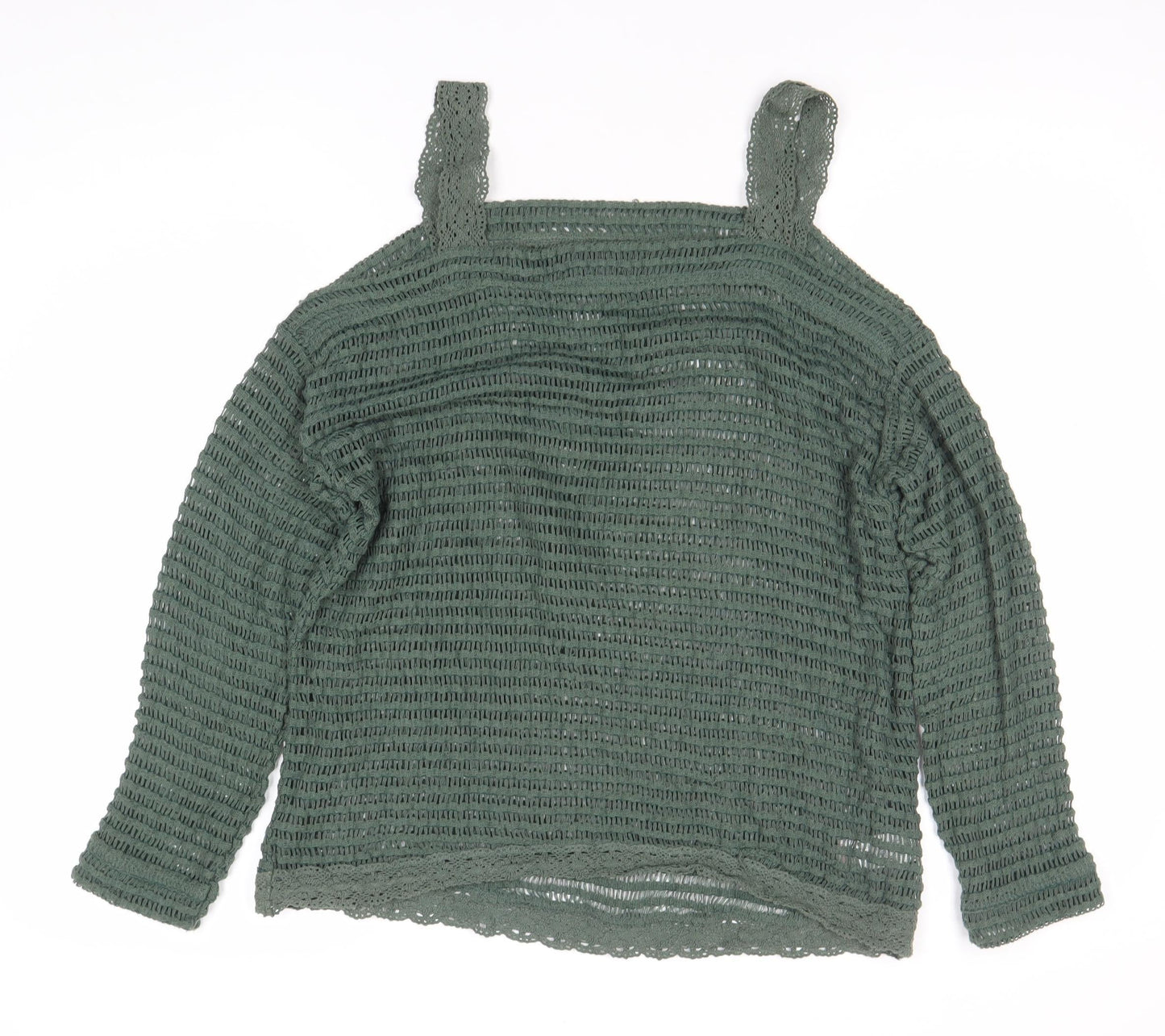Next Womens Green Open Knit Pullover Jumper UK 10 Regular Square Neck