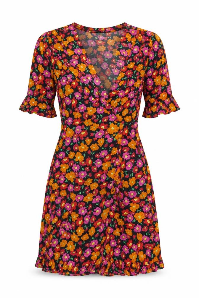 Zara Women’s Multicoloured Floral Wrap Dress Size 8 V-Neck Ruffle