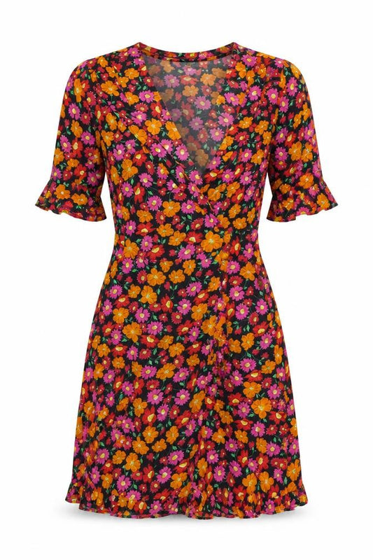 Zara Women’s Multicoloured Floral Wrap Dress Size 8 V-Neck Ruffle