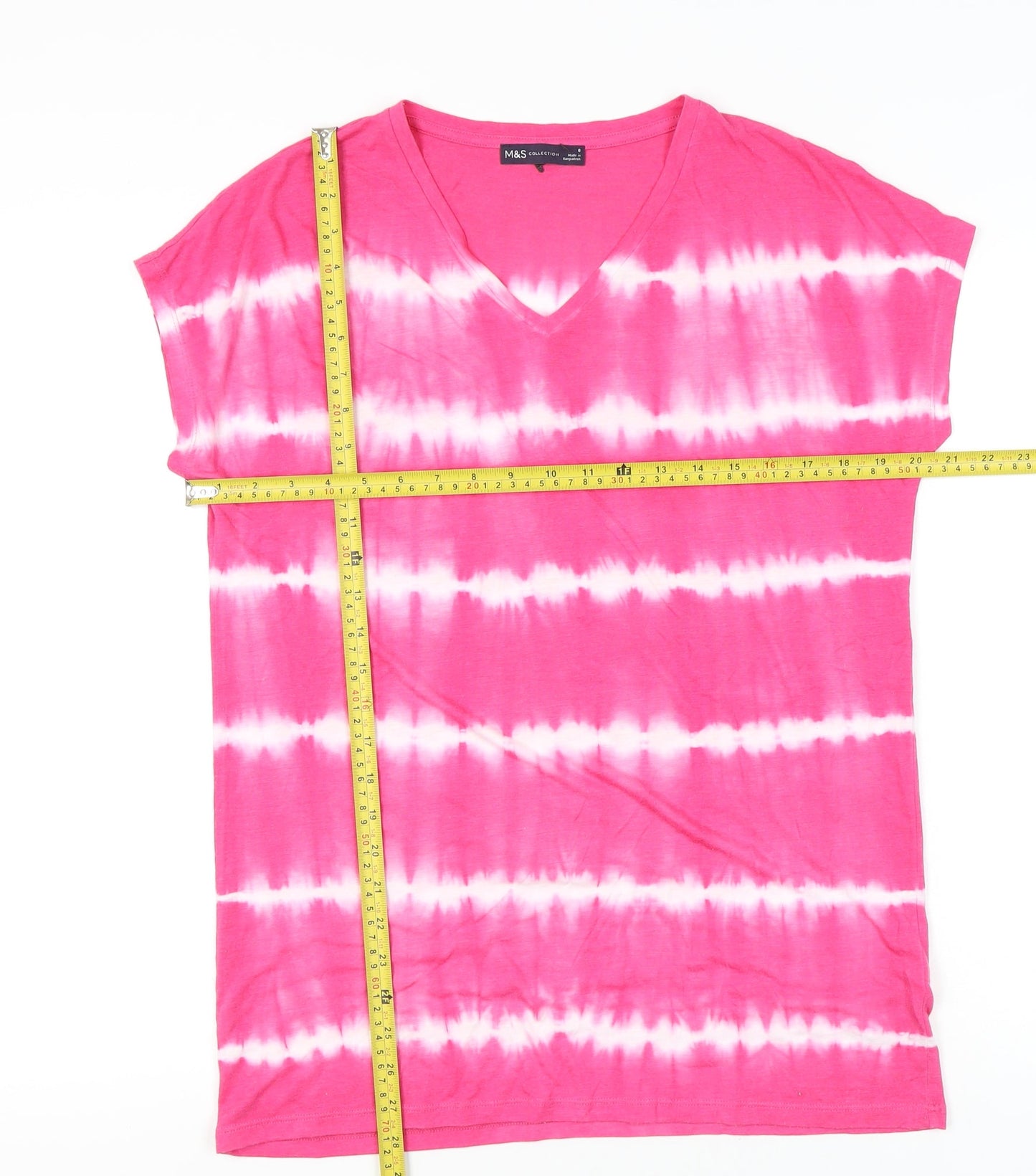 Marks and Spencer Womens Pink Tie Dye V-Neck T-Shirt UK 8