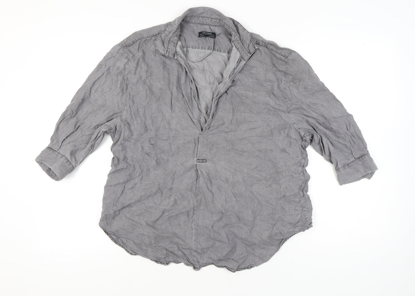Zara Women Grey Lyocell Button-Up Shirt XL 3/4 Sleeve Casual