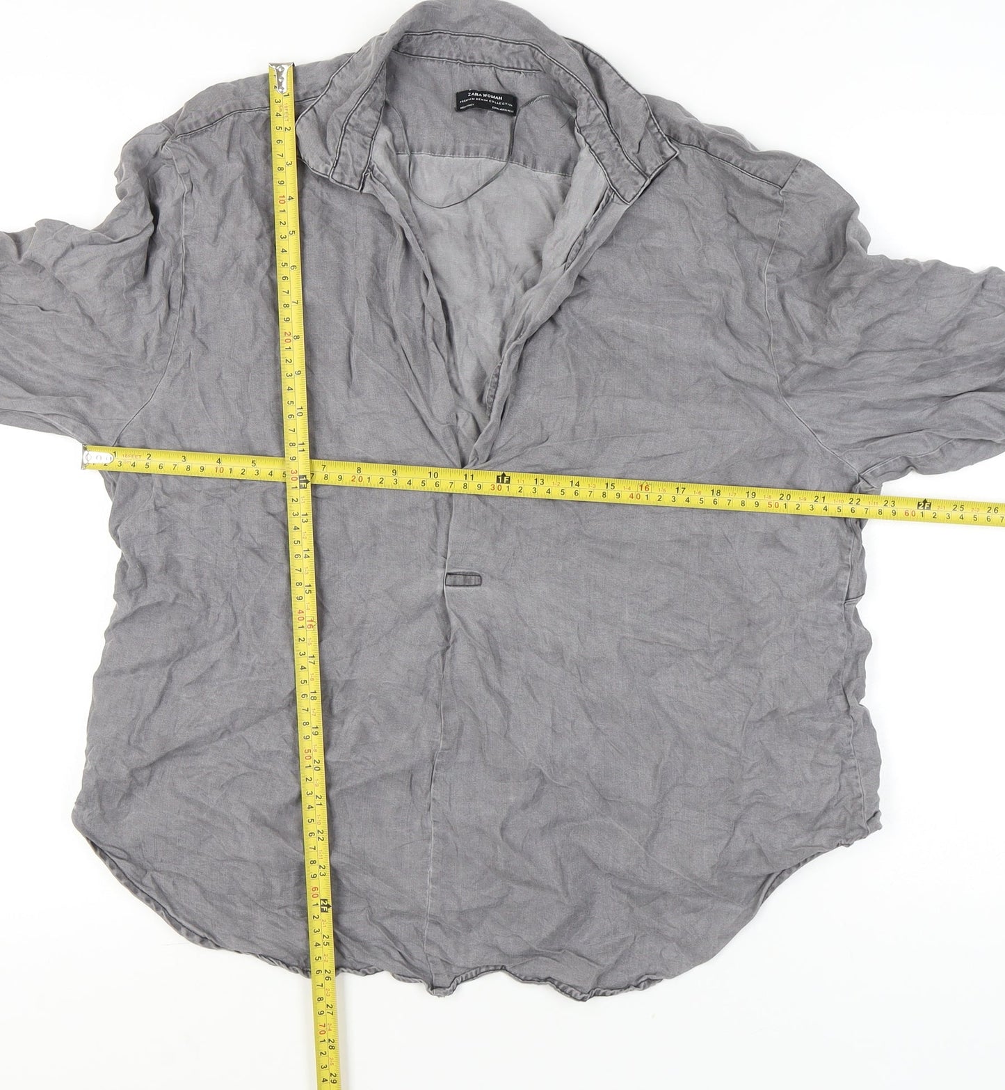 Zara Women Grey Lyocell Button-Up Shirt XL 3/4 Sleeve Casual