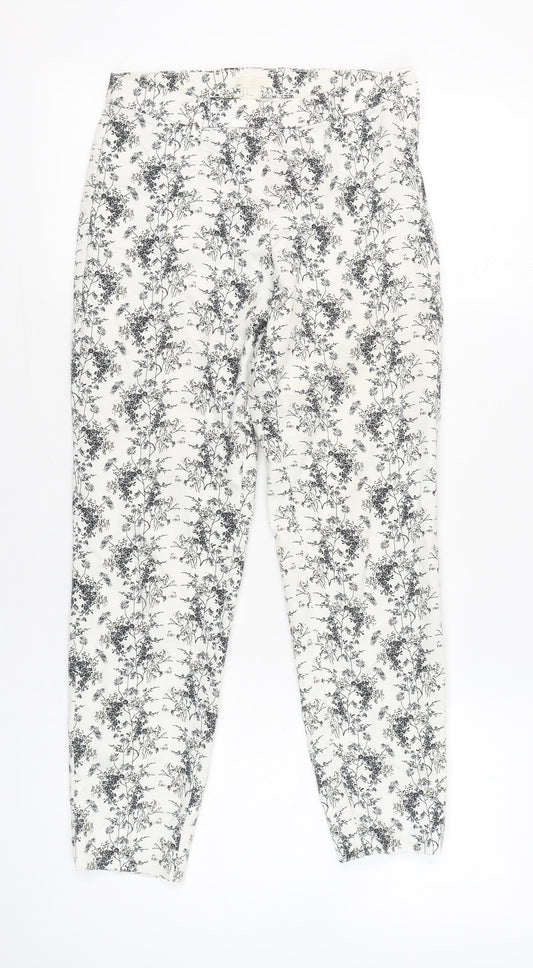 H&M Women's White Floral Slim Fit Cotton Blend Trousers Size 6