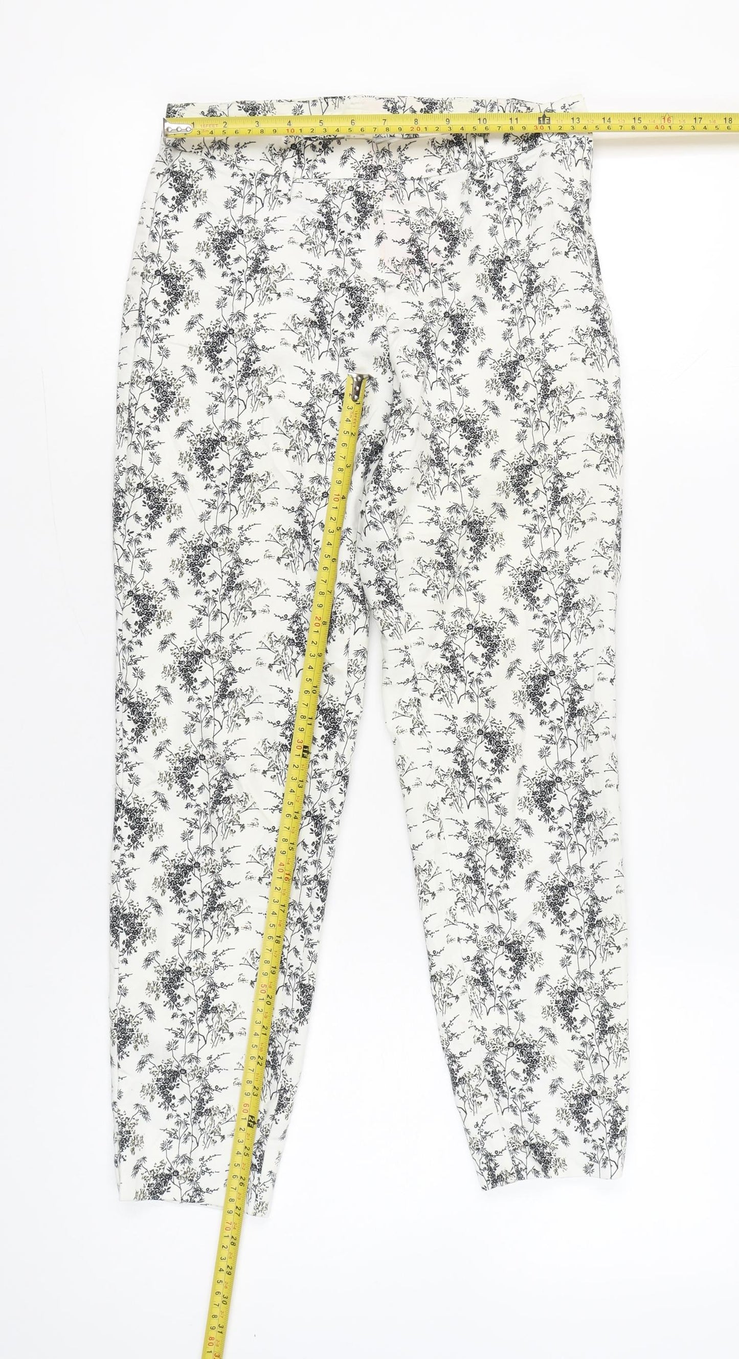 H&M Women's White Floral Slim Fit Cotton Blend Trousers Size 6