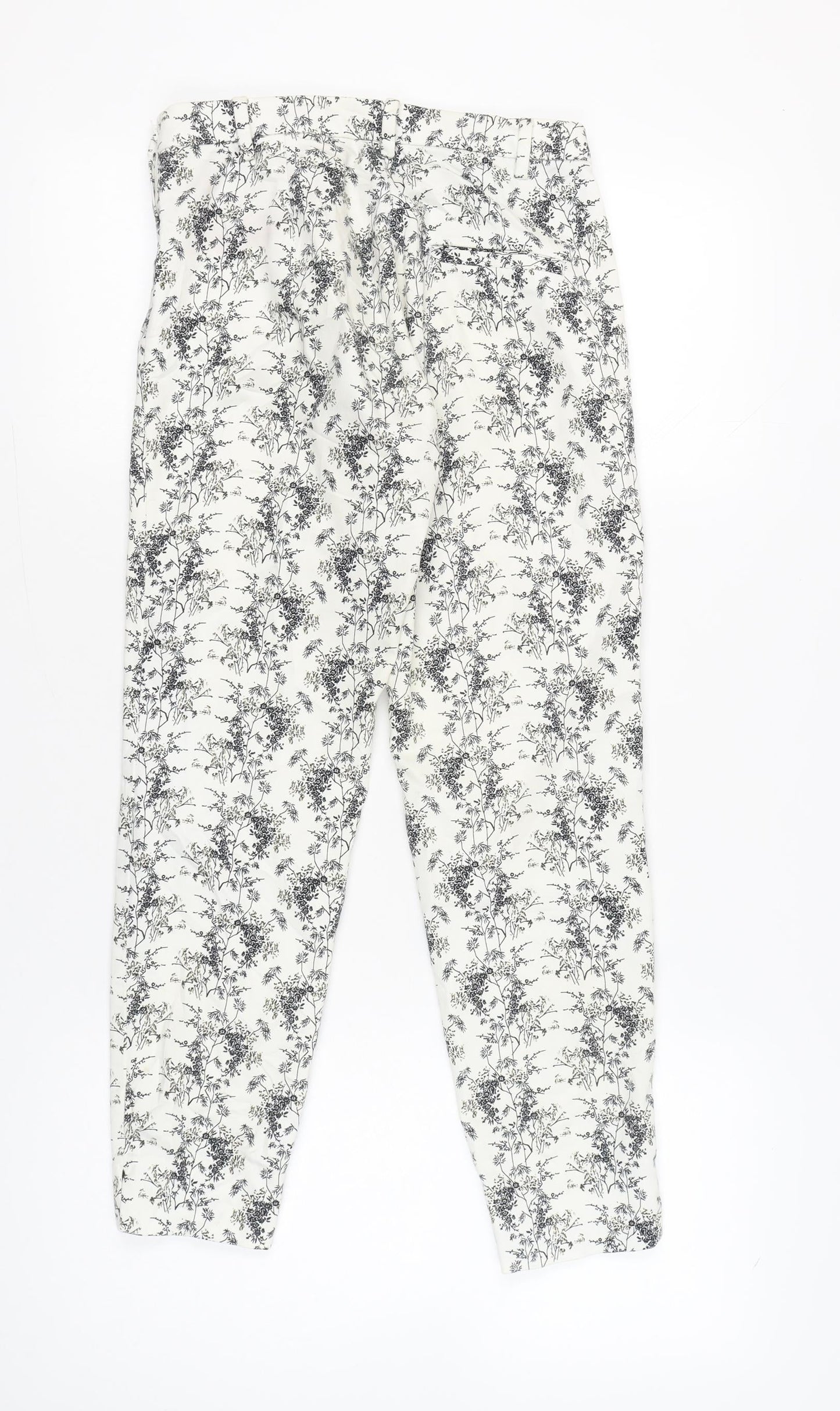 H&M Women's White Floral Slim Fit Cotton Blend Trousers Size 6