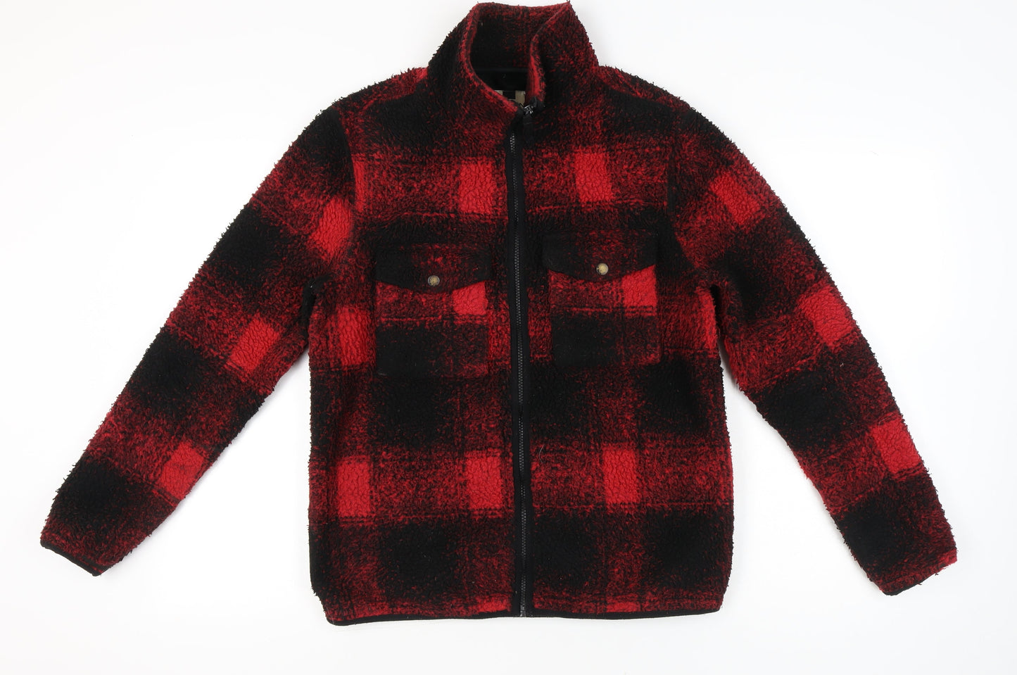 Topman Men’s Red Black Check Fleece Jacket Size S 36"-38" Full Zip Casual