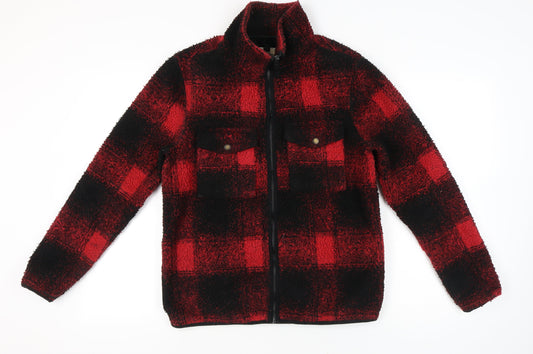 Topman Men’s Red Black Check Fleece Jacket Size S 36"-38" Full Zip Casual