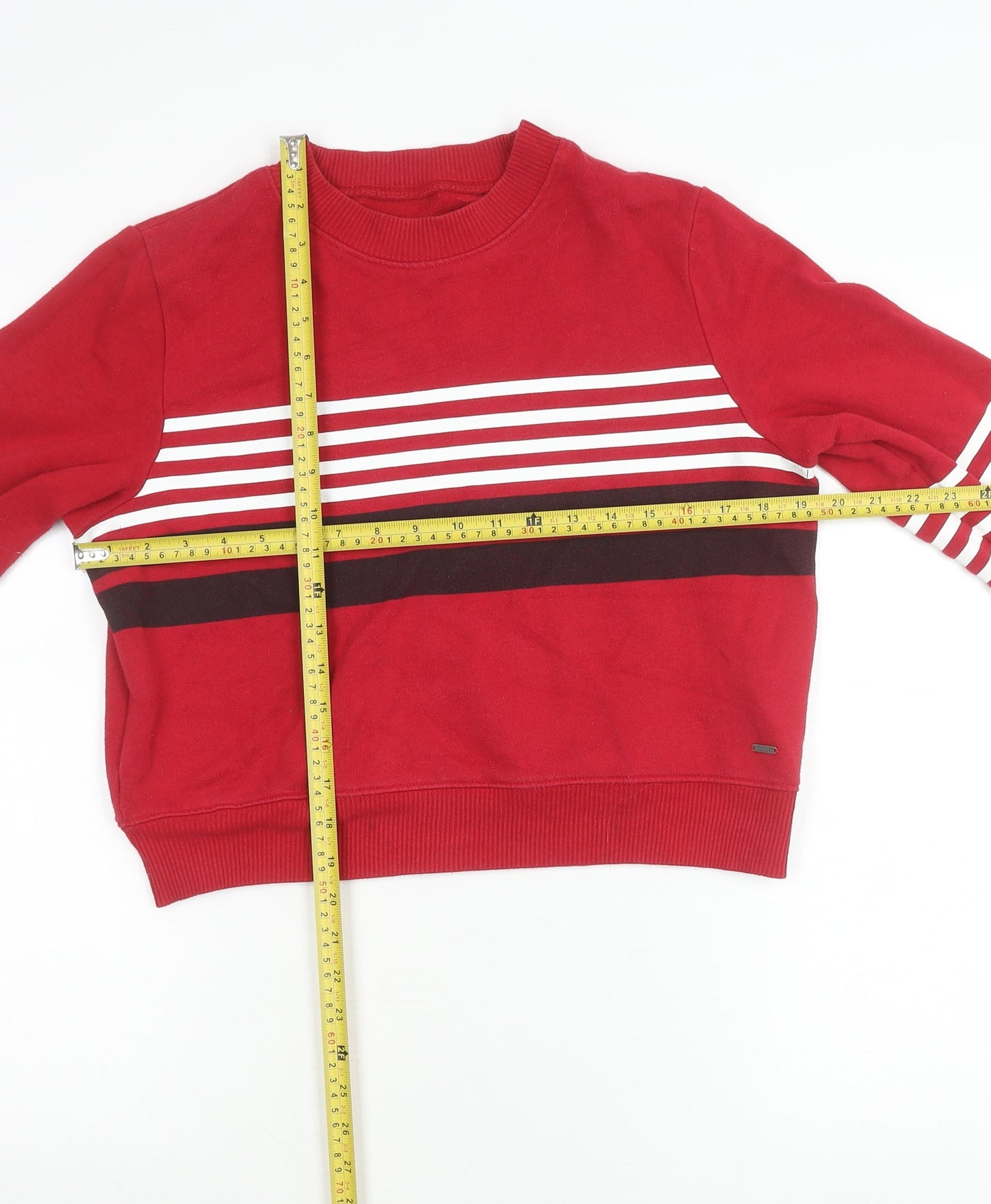 Hollister Women Red Striped Sweatshirt Medium Cotton Blend