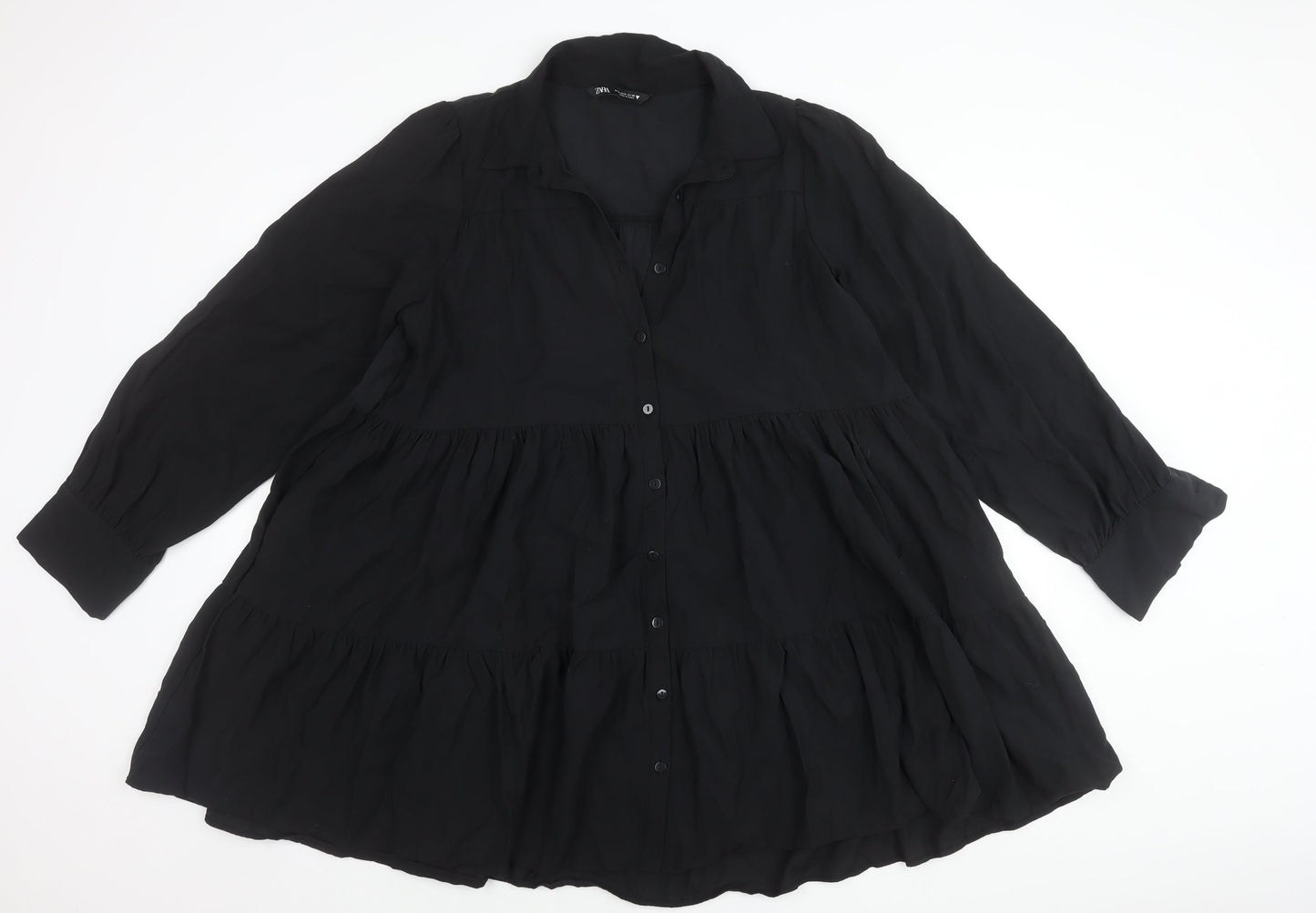 Zara Women Black Viscose Blend Collared Mini Shirt Dress Size 10