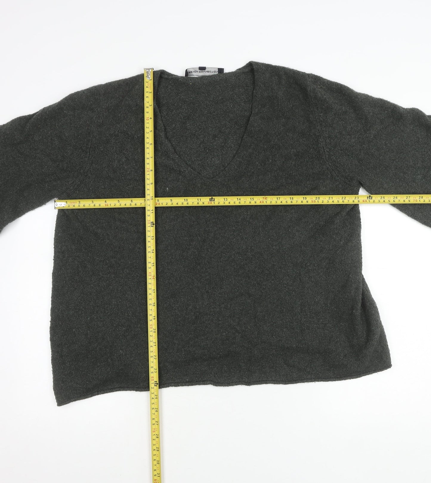 French Connection Women’s Grey V-Neck Knit Jumper Size M 3/4 Sleeve
