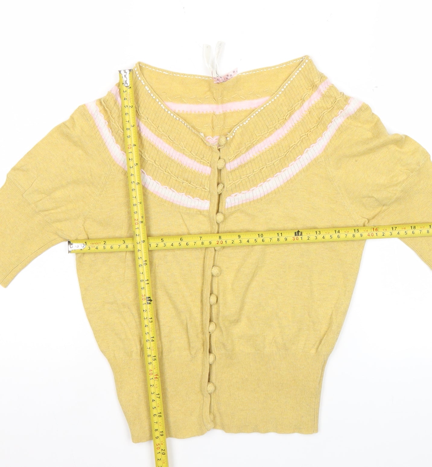 Next Womens Yellow Cotton Cardigan Size 6 Short Sleeve Bow Detail