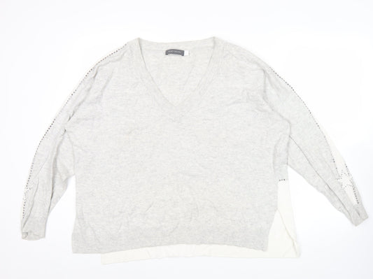 Mint Velvet Womens Grey L V-Neck Studded Pullover Jumper Long Sleeve