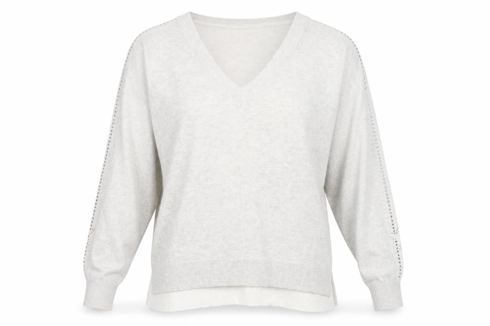 Mint Velvet Womens Grey L V-Neck Studded Pullover Jumper Long Sleeve