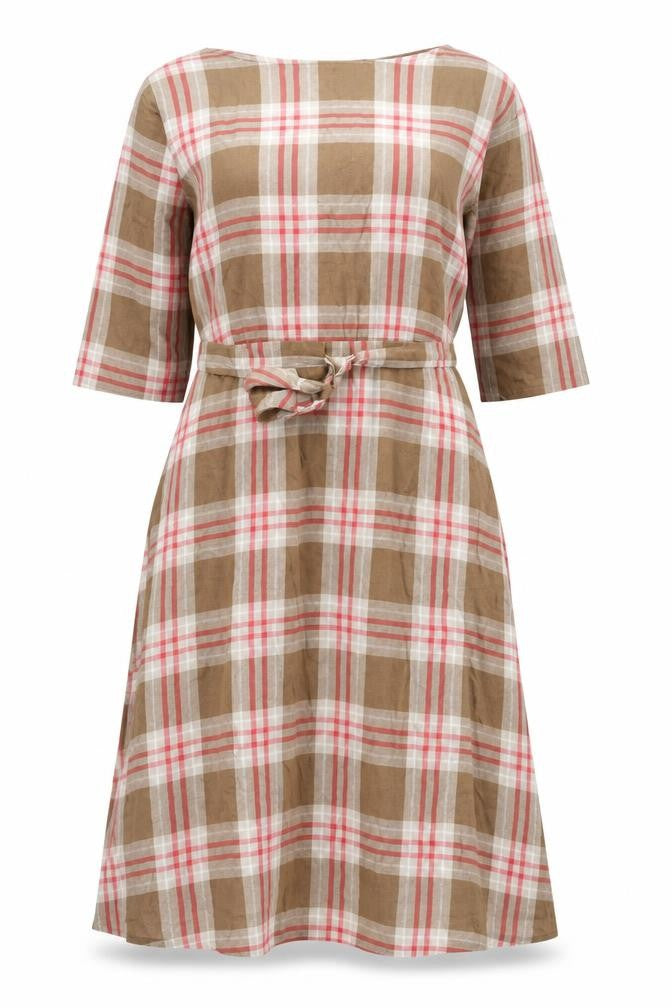 Mango Women’s Brown Check Midi Shirt Dress Size 10 3/4 Sleeve Cotton