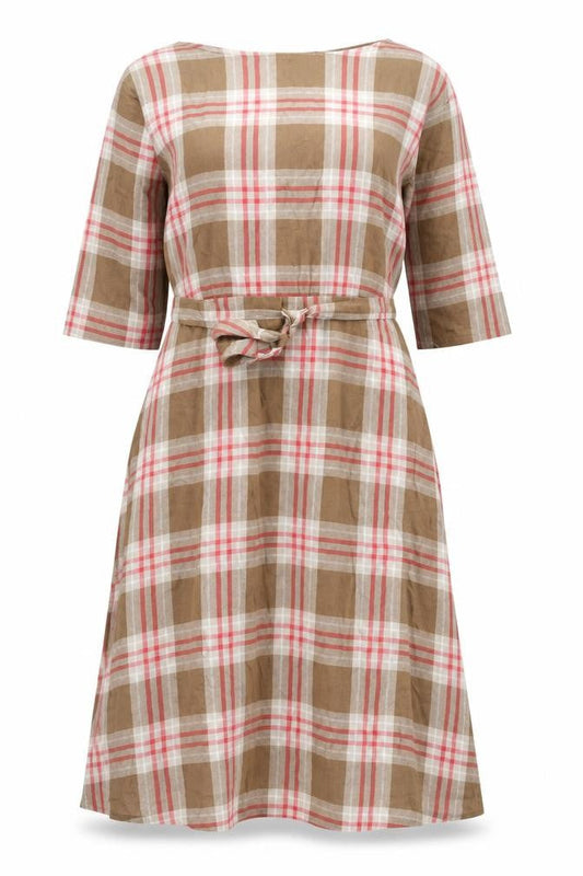 Mango Women’s Brown Check Midi Shirt Dress Size 10 3/4 Sleeve Cotton
