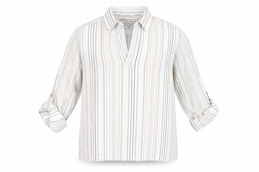 Denim 73 Mens Beige Striped Cotton Casual 3/4 Sleeve Shirt M