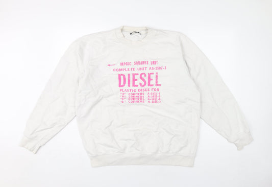 Diesel Unisex White Cotton Pullover Sweatshirt L Logo Graphic