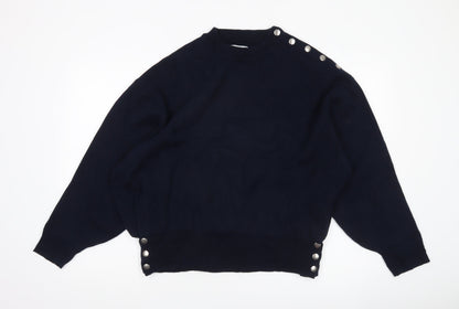 Pull&Bear Womens Black Size 8 Crew Neck Button Pullover Jumper
