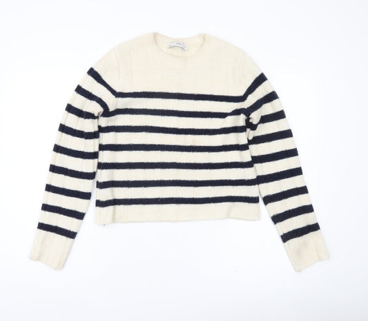 MNG Womens Ivory Black Striped Knit Jumper Medium Regular Fit