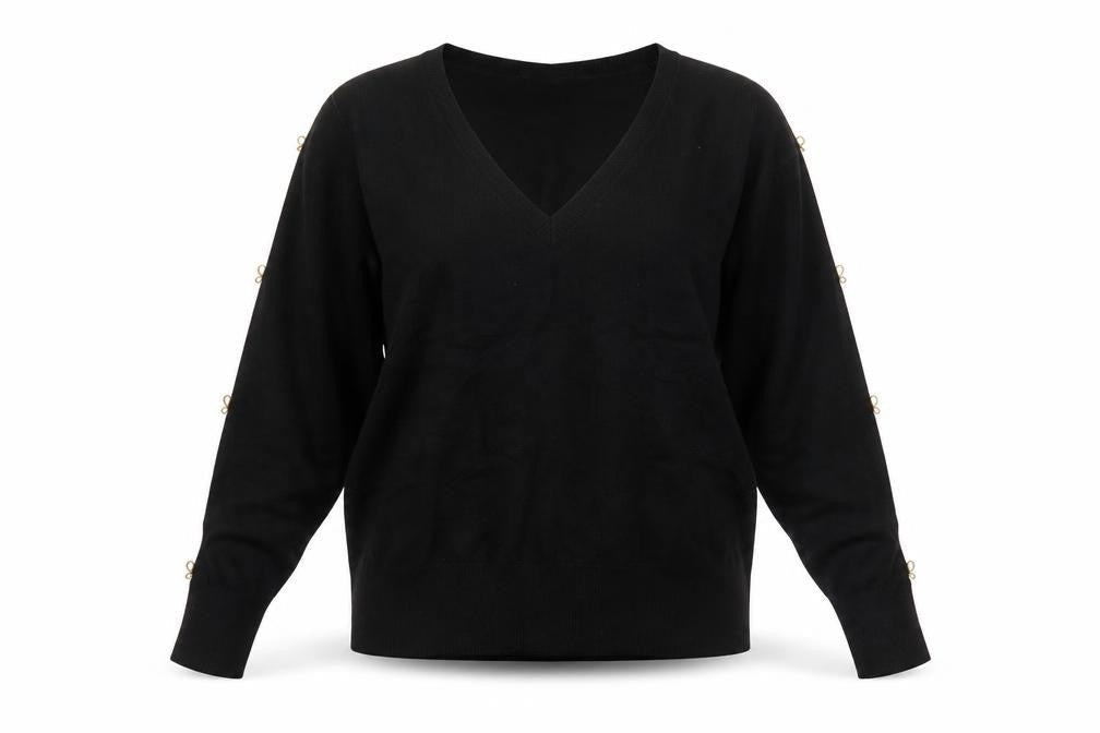 Sosandar Womens Black V-Neck Pullover Jumper Size 14 Long Sleeve Knit