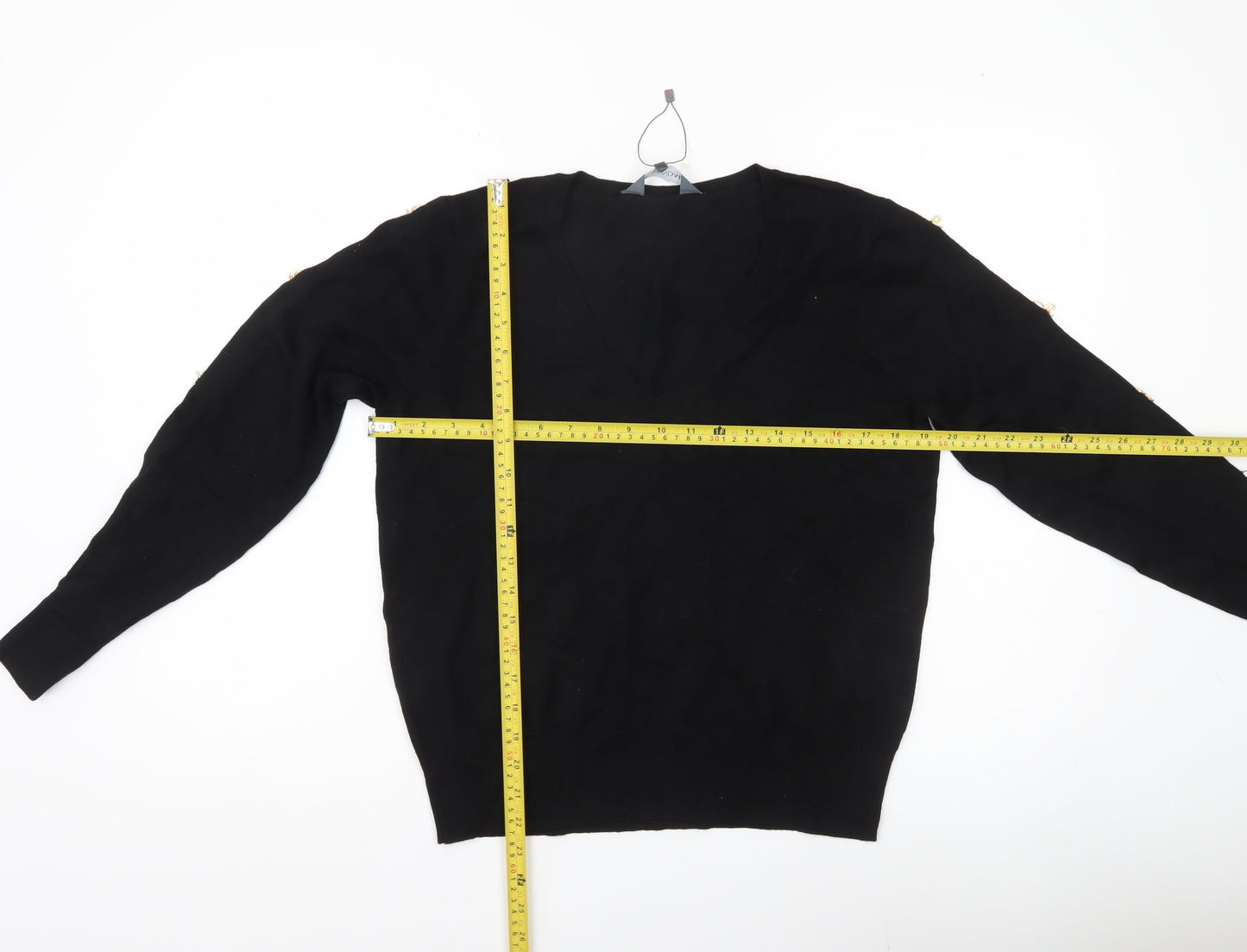 Sosandar Womens Black V-Neck Pullover Jumper Size 14 Long Sleeve Knit