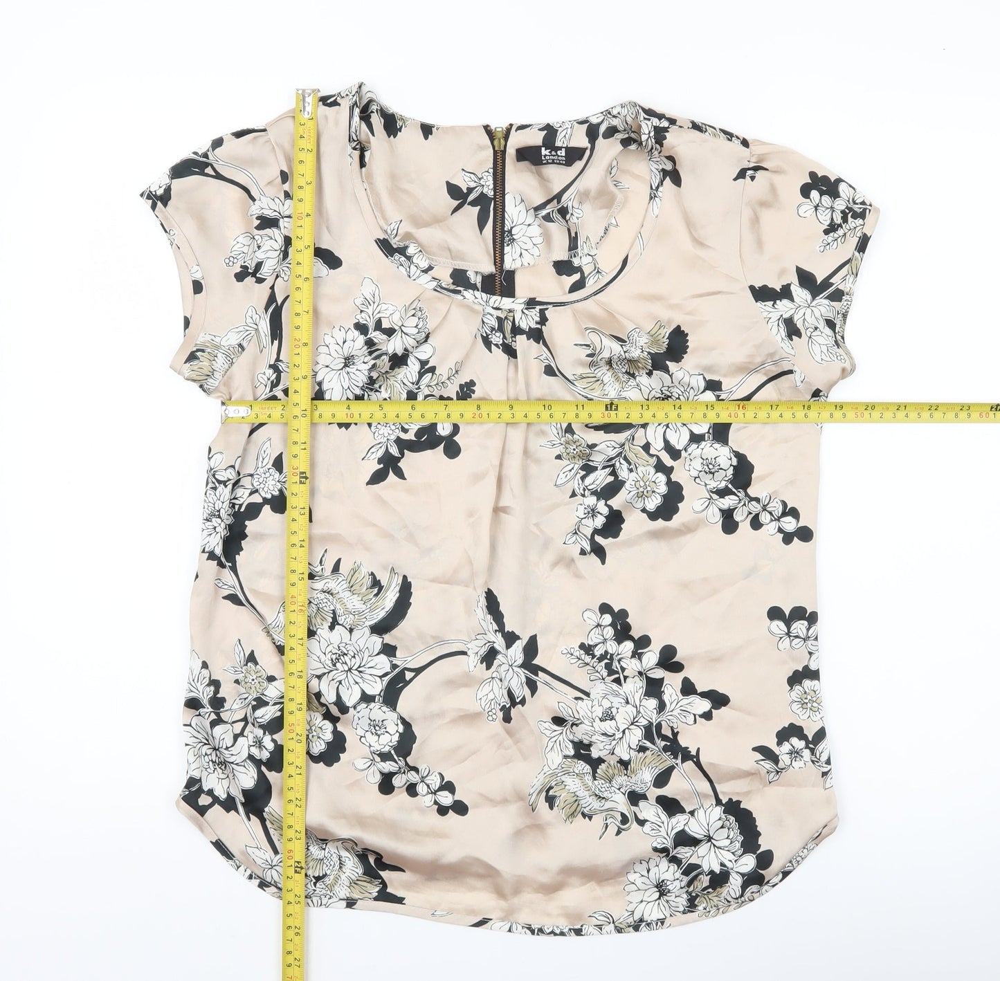 k&d London Womens Beige Floral Blouse UK 12 Short Sleeve Tunic