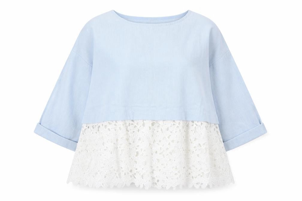 Darimeya Women’s Blue White Lace Tunic Blouse S Regular
