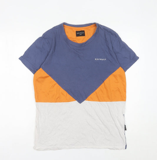 D/Struct Men Blue Orange White Colourblock Crew Neck T-Shirt Size L