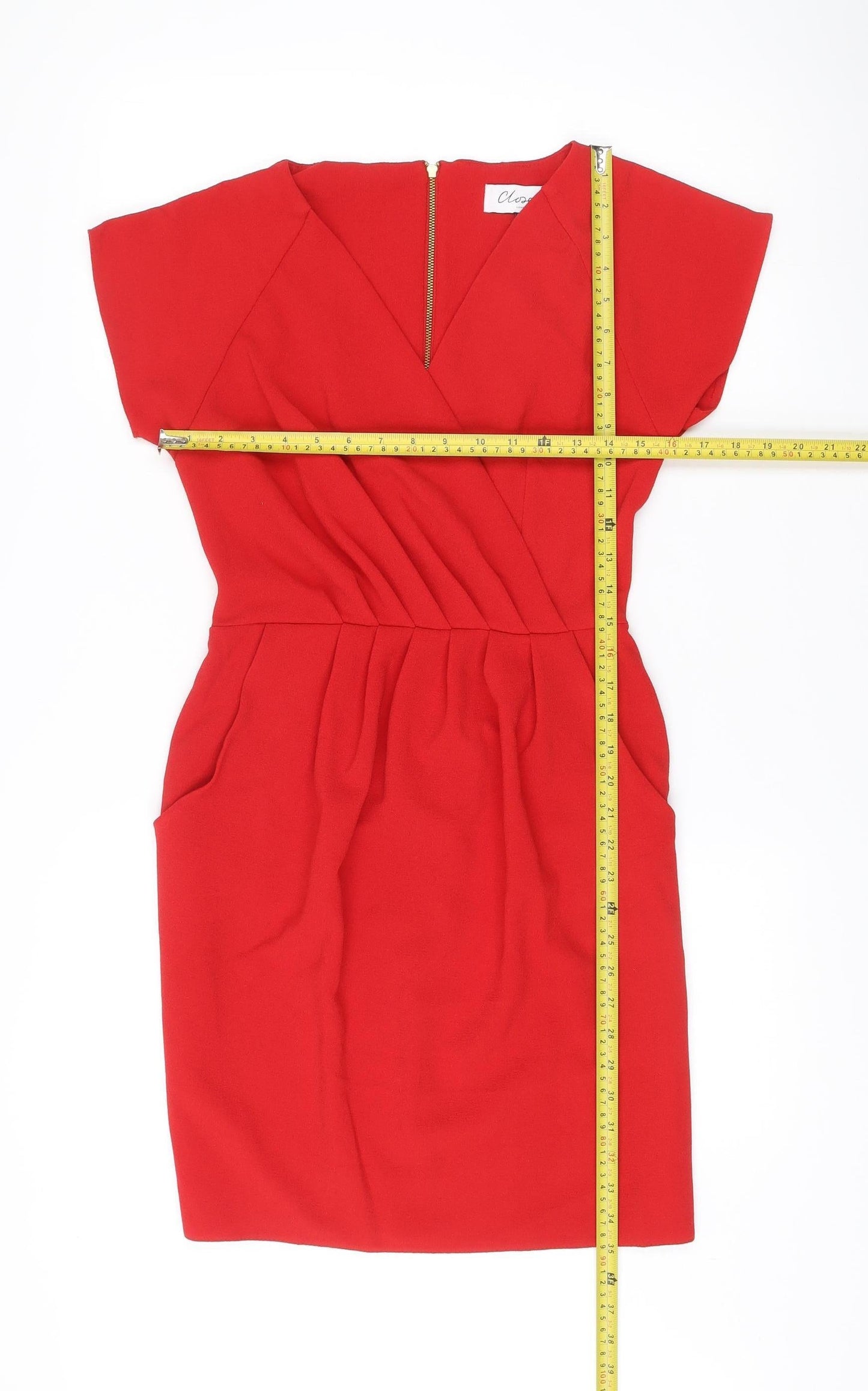 Closet London Women Red Bodycon Dress Size 8 V-Neck Ruched Zip