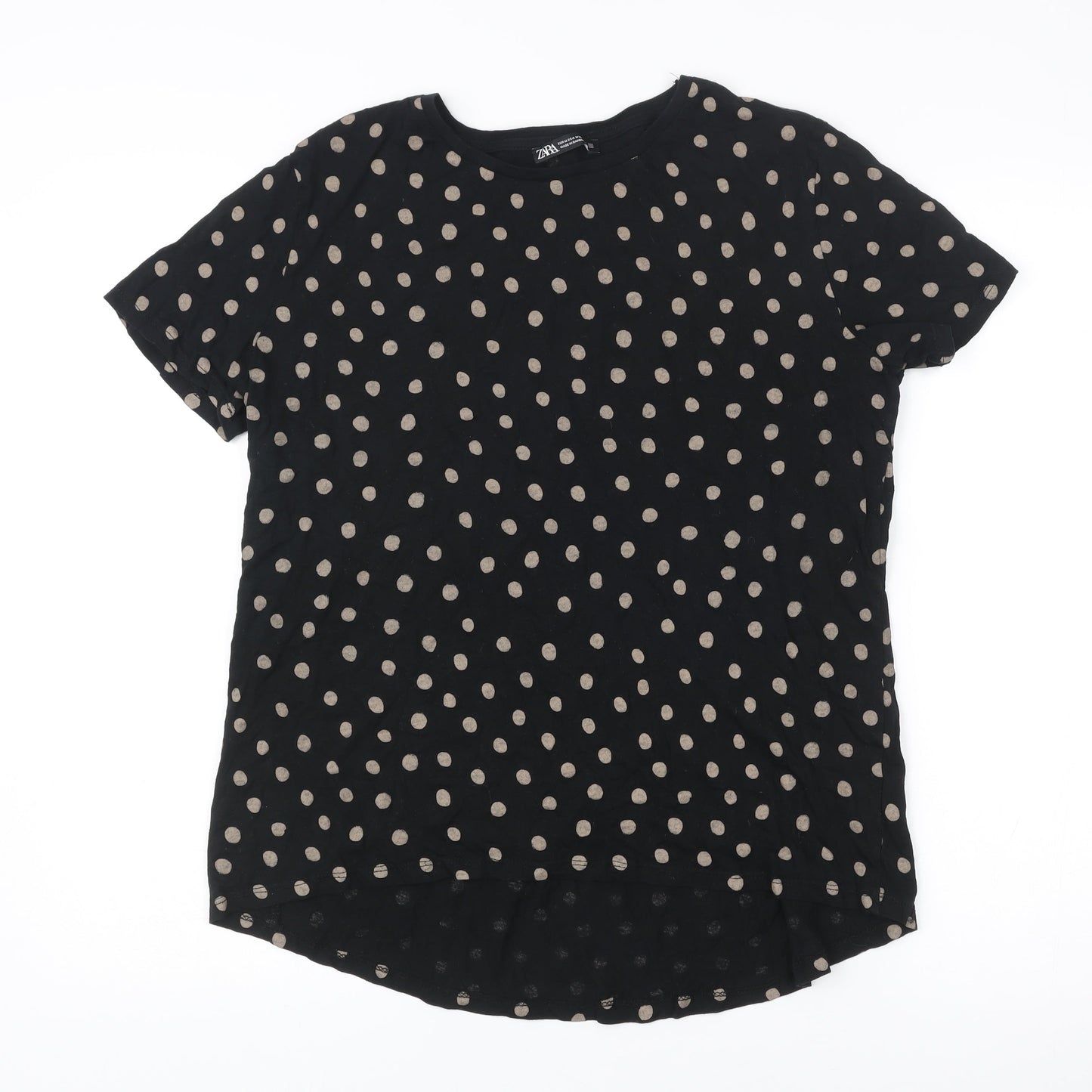 Zara Women Black Polka Dot Cotton T-Shirt Medium Short Sleeve