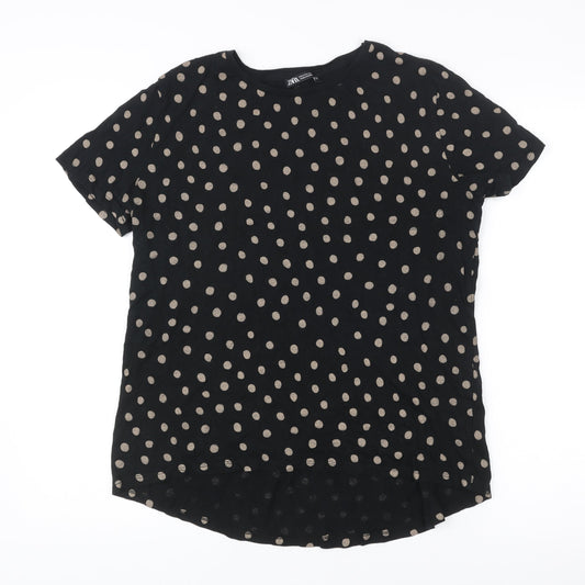Zara Women Black Polka Dot Cotton T-Shirt Medium Short Sleeve