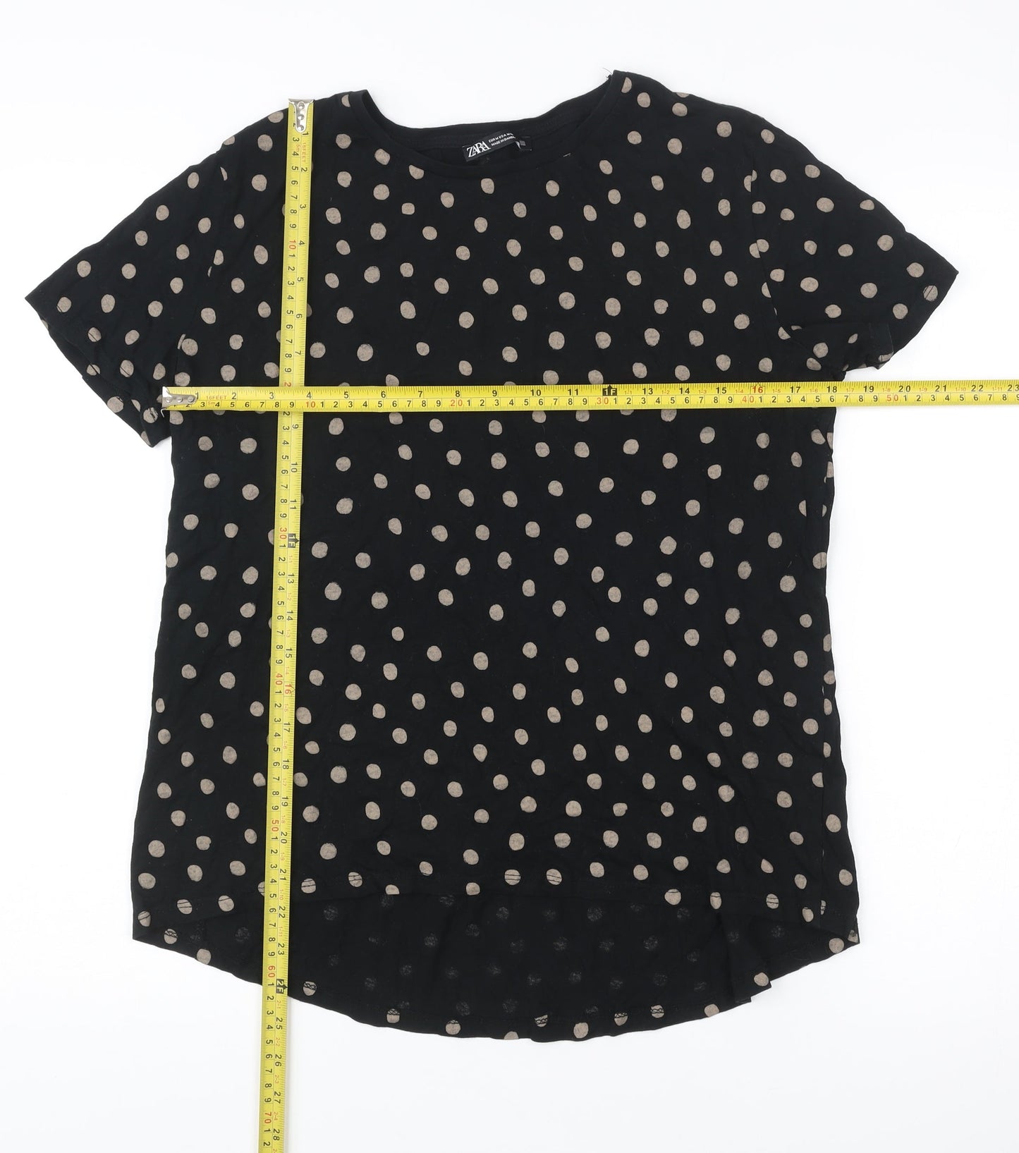 Zara Women Black Polka Dot Cotton T-Shirt Medium Short Sleeve