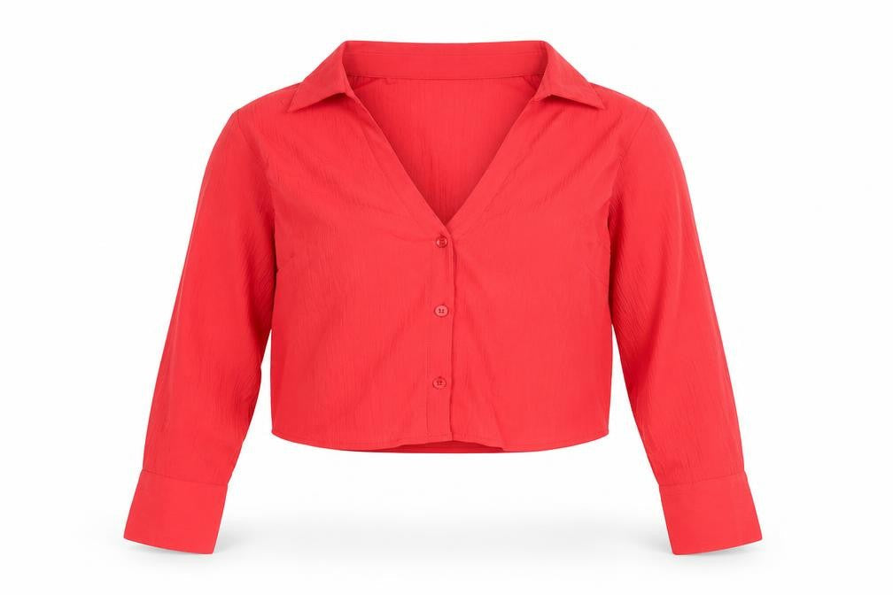 PixieGirl Womens Red Cropped Blouse UK 14 Long Sleeve Collared