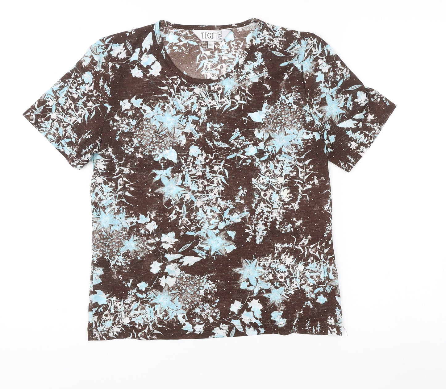 TIGI Wear Womens Brown Floral Print Polyester T-Shirt Size 10