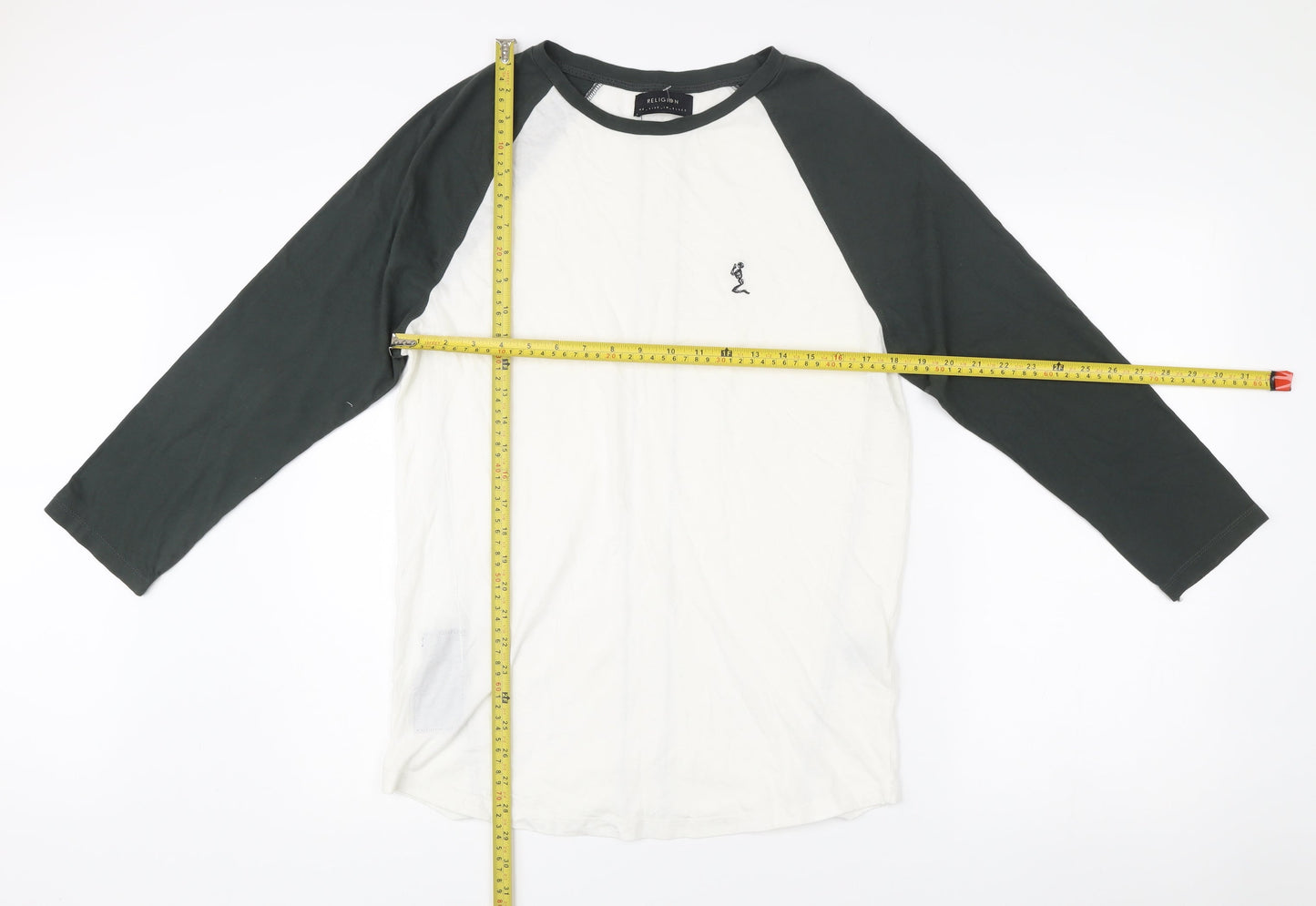 Religion Men’s Black White 3/4 Sleeve Colourblock Cotton T-Shirt M