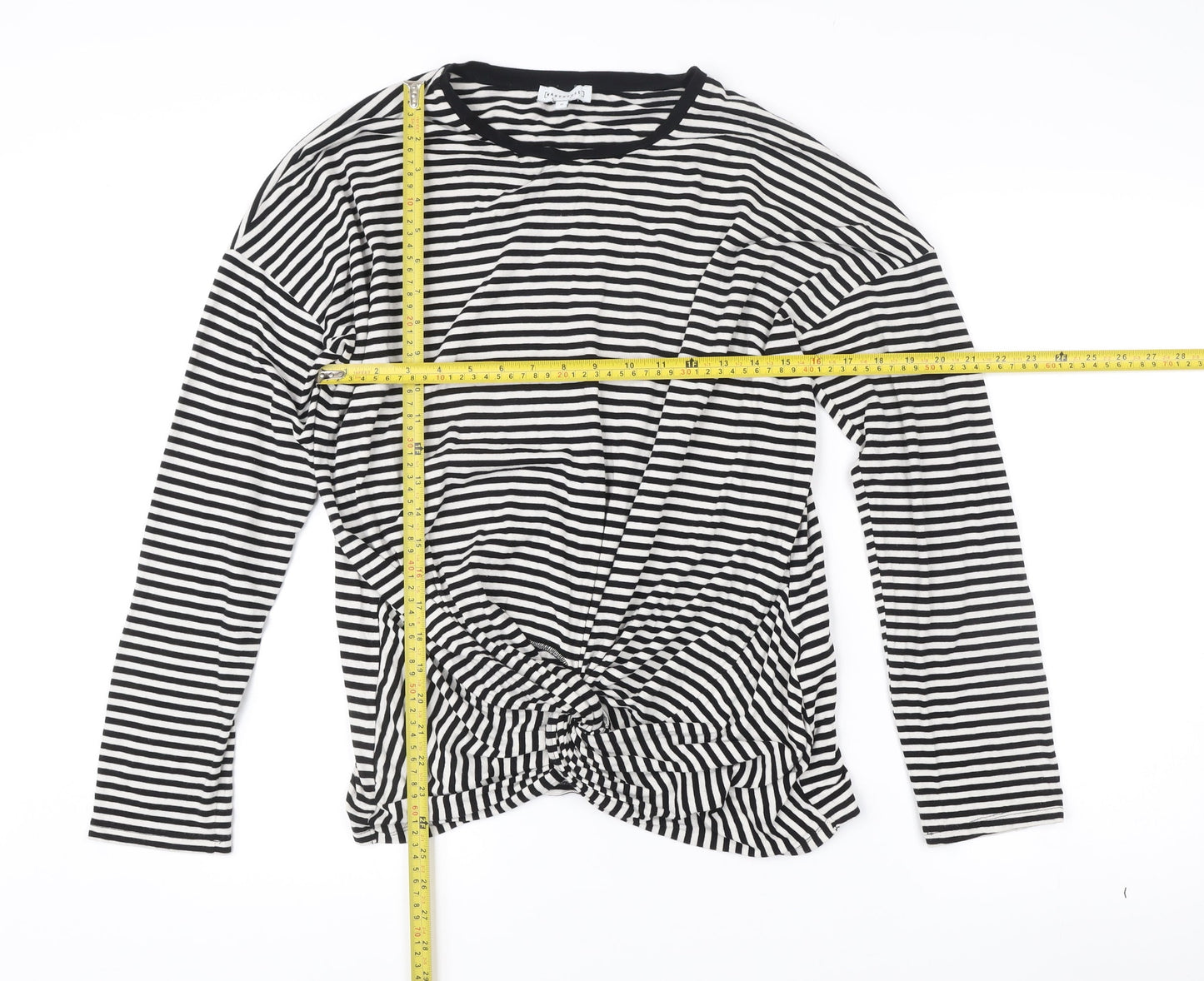 Warehouse Women Black Striped Long Sleeve Wrap T-Shirt UK 16