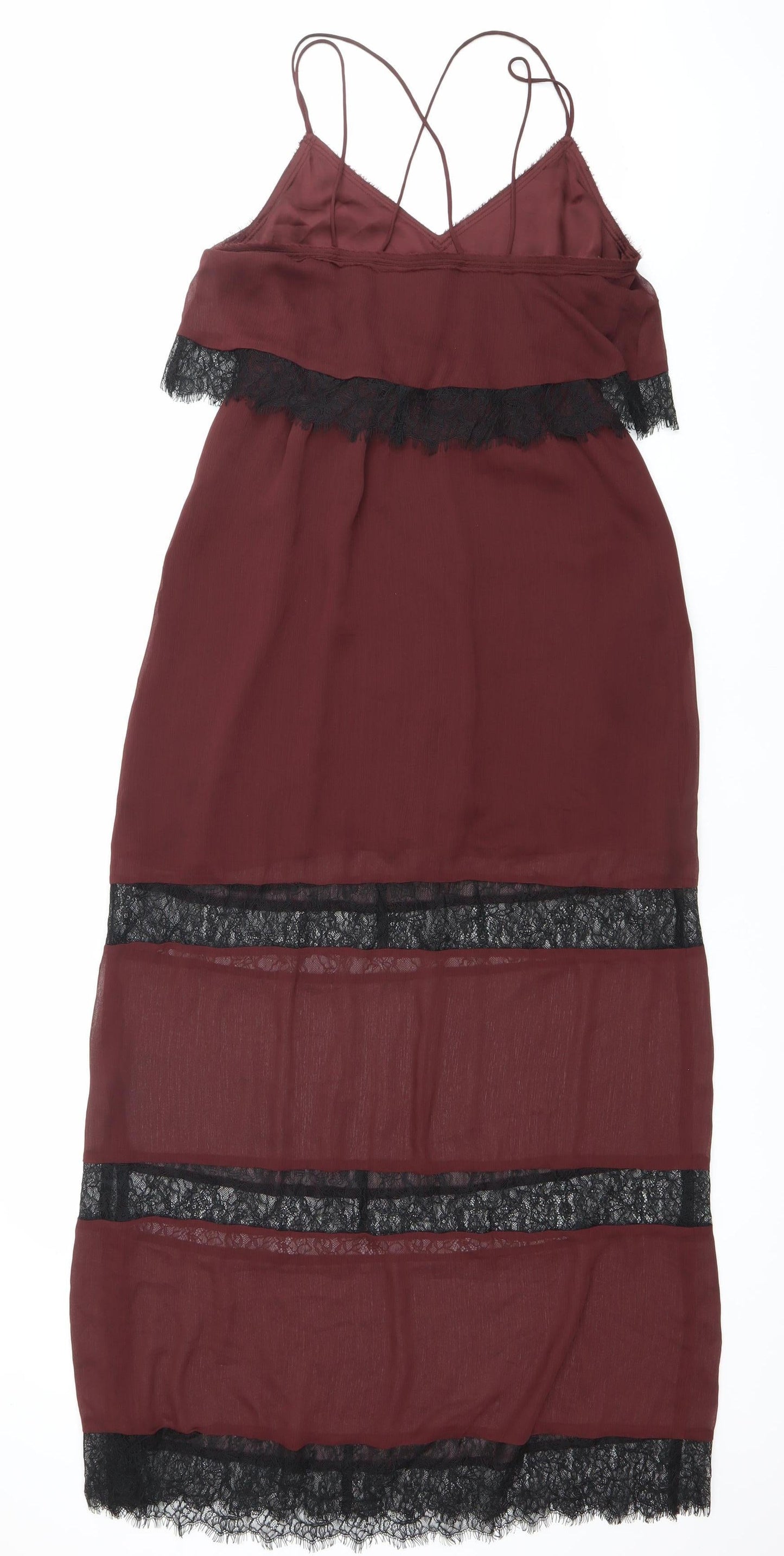 H&M Womens Red Lace Trim Slip Dress Size 10 Midi V-Neck