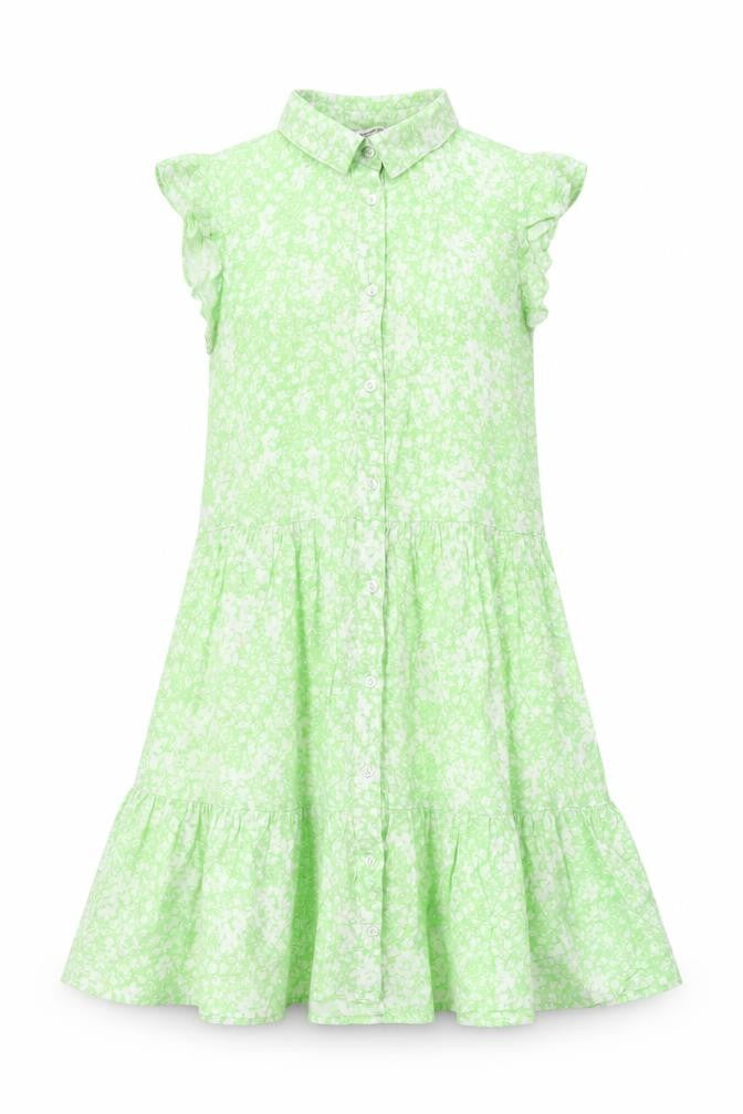 Stradivarius Women’s Green Floral Shirt Dress Size 8 Collared Ruffle