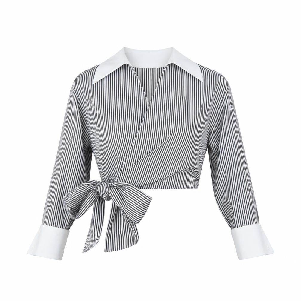 PRETTYLITTLETHING Women’s Black Striped Cropped Blouse UK 10
