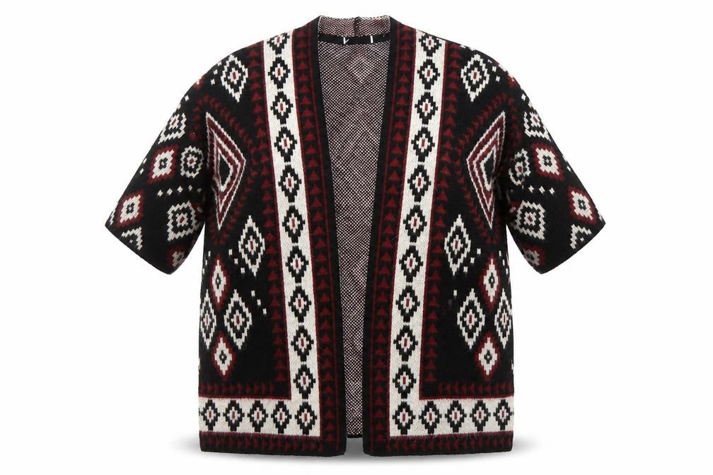 Women's Black Red White Geometric Knit Cardigan Size 10