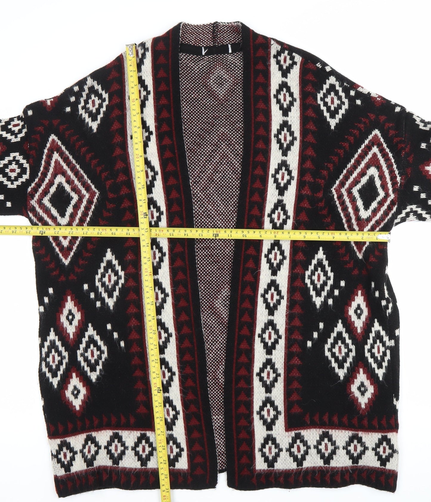 Women's Black Red White Geometric Knit Cardigan Size 10
