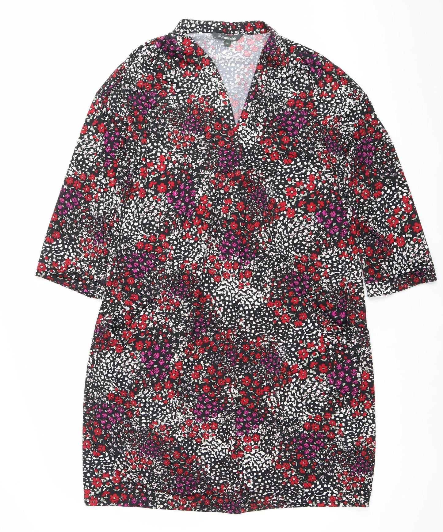 Bonmarché Women’s Black Floral Bodycon Dress Size 10 V-Neck Long Sleeve