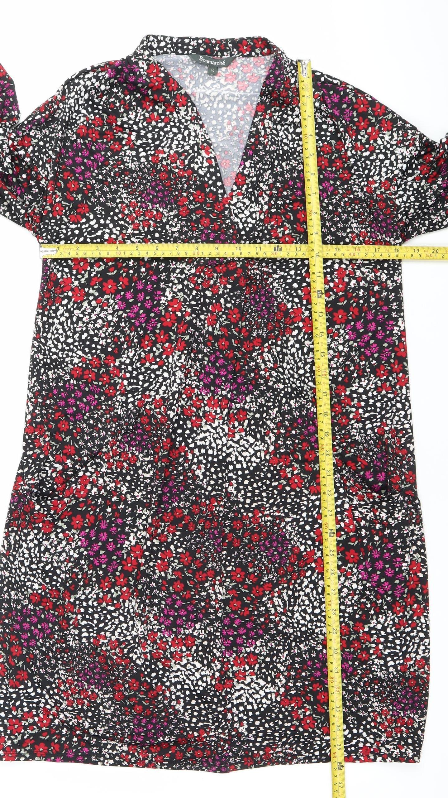 Bonmarché Women’s Black Floral Bodycon Dress Size 10 V-Neck Long Sleeve