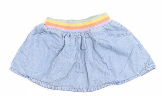 Next Girls Blue Denim A-Line Skirt 9-12 Months Rainbow Elastic Waist