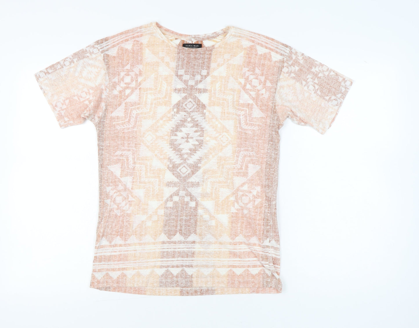 Zara Man Men’s Beige Aztec Print Linen Blend T-Shirt Size S